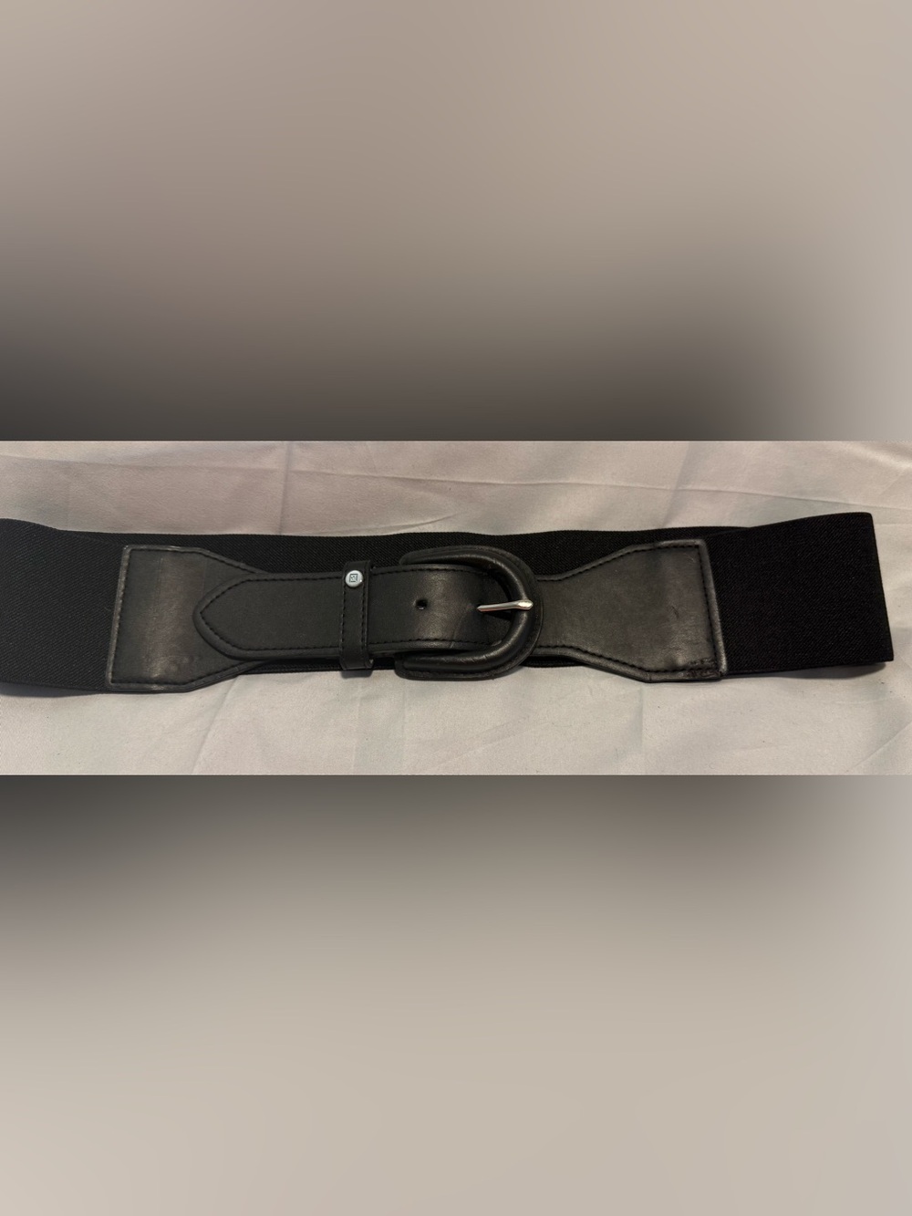 Chaps Black Leather & Elastic Belt with Silver-Tone Buckle - Size Med